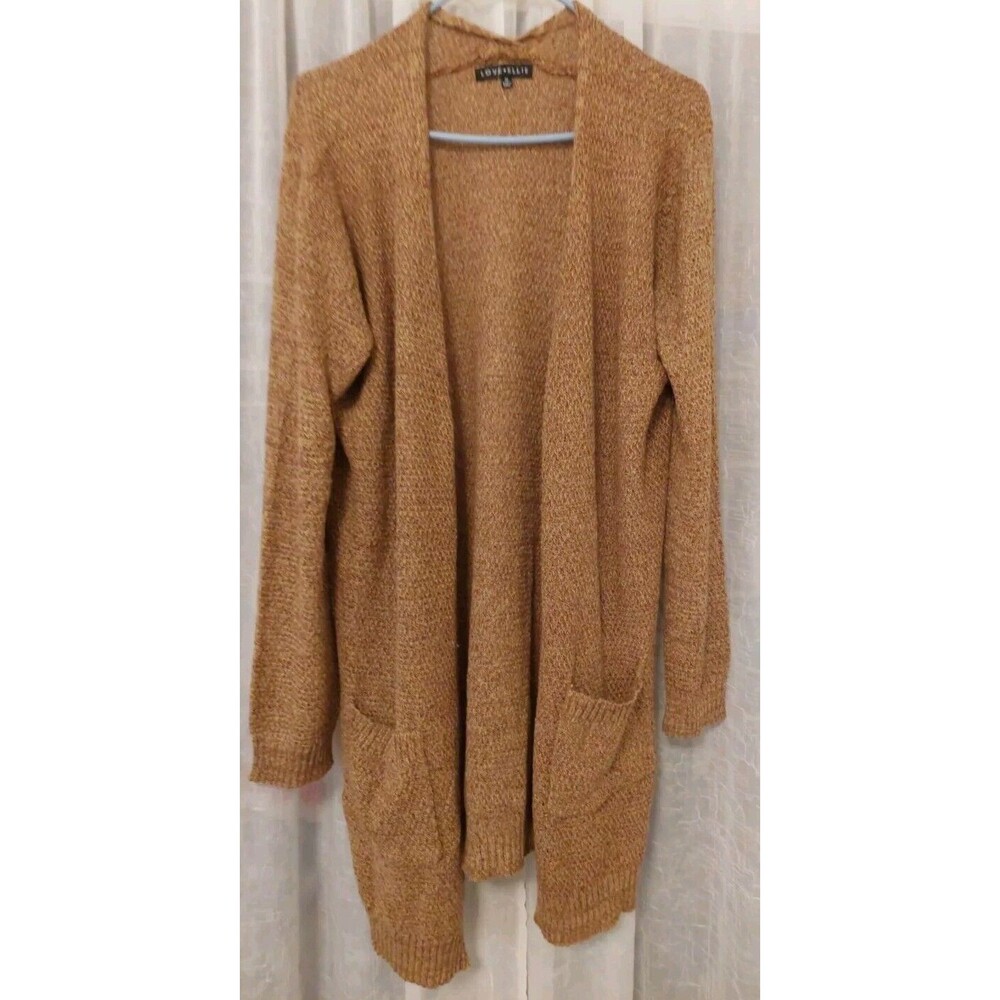 Love Ellie long knit cardigan Lt Brown Open Front W/ Pockets Sz XL Lightweight